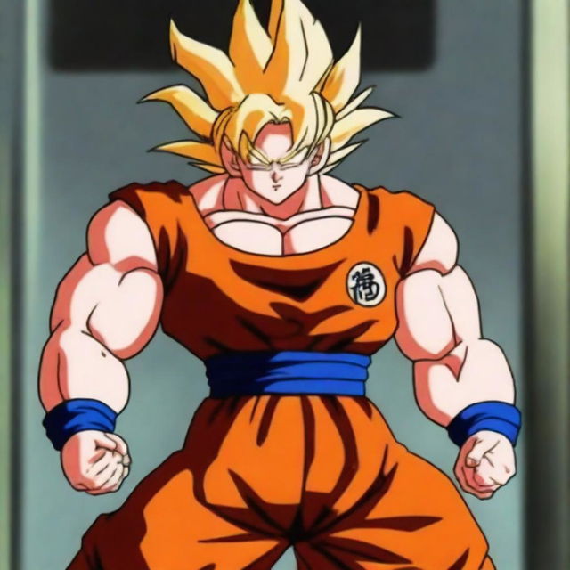 Goku, the iconic character from Dragon Ball Z, is lifting heavy weights in a gym setting