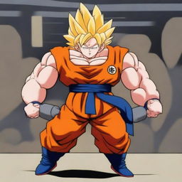 Goku, the iconic character from Dragon Ball Z, is lifting heavy weights in a gym setting