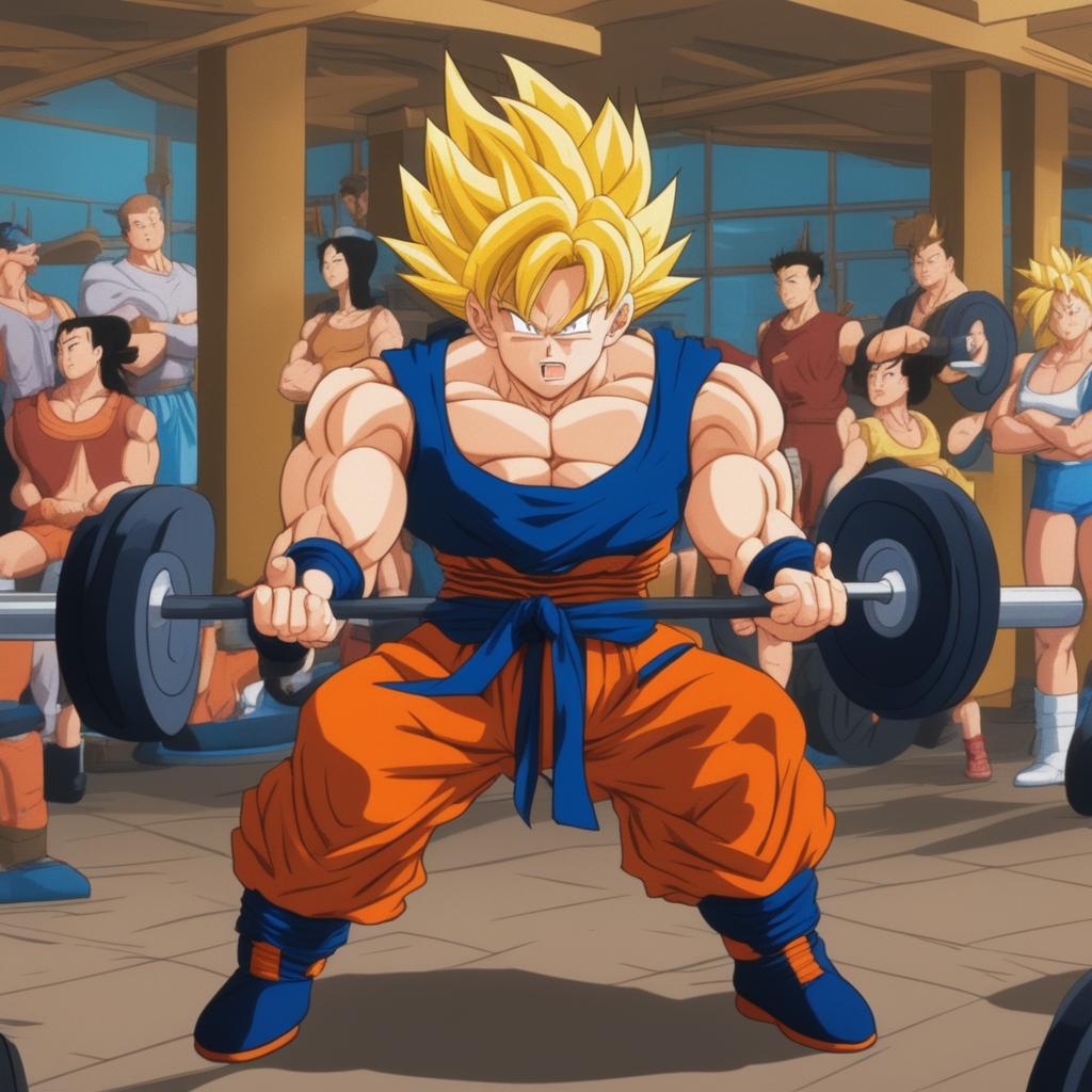 Goku in his Super Saiyan form lifting heavy weights in a gym, surrounded by gym equipment and other gym-goers in awe of his strength