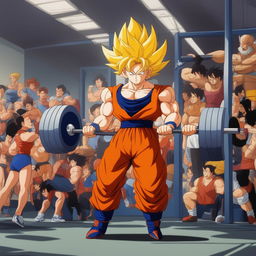 Goku in his Super Saiyan form lifting heavy weights in a gym, surrounded by gym equipment and other gym-goers in awe of his strength