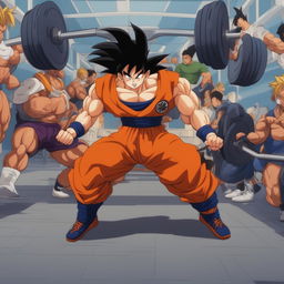 Goku in his Super Saiyan form lifting heavy weights in a gym, surrounded by gym equipment and other gym-goers in awe of his strength