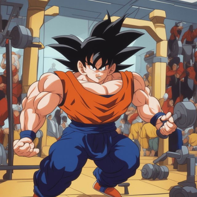 Goku in his Super Saiyan form lifting heavy weights in a gym, surrounded by gym equipment and other gym-goers in awe of his strength