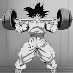 Goku from Dragonball Z lifting weights in a training area, showcasing his muscular physique and intense focus.