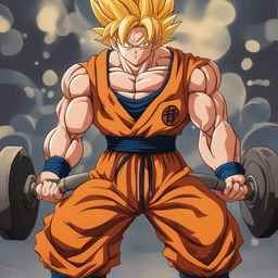 Goku from Dragonball Z lifting weights in a training area, showcasing his muscular physique and intense focus.