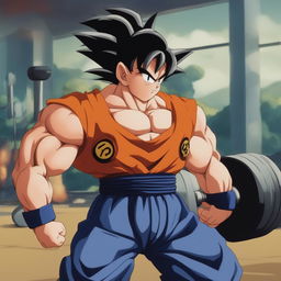 Goku from Dragonball Z lifting weights in a training area, showcasing his muscular physique and intense focus.