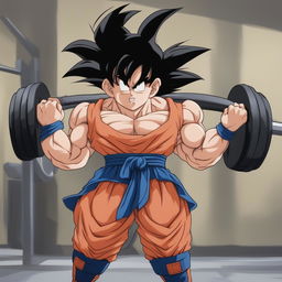 Goku from Dragonball Z lifting weights in a training area, showcasing his muscular physique and intense focus.