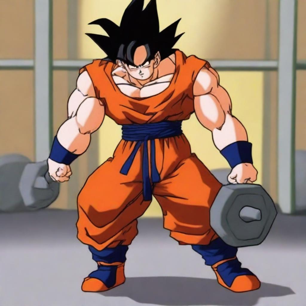 Goku from Dragonball Z lifting heavy weights in a gym setting