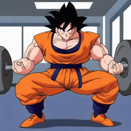 Goku from Dragonball Z lifting heavy weights in a gym setting