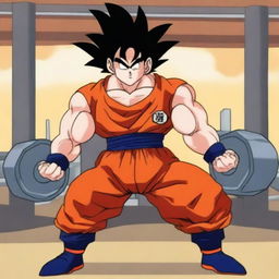 Goku from Dragonball Z lifting heavy weights in a gym setting