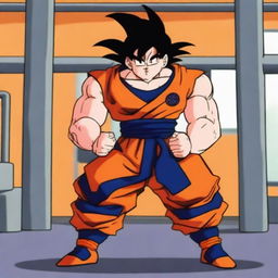 Goku from Dragonball Z lifting heavy weights in a gym setting