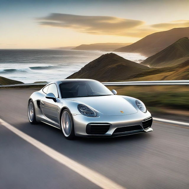 A sleek Porsche sports car driving on a scenic ocean highway