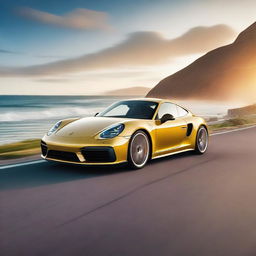 A sleek Porsche sports car driving on a scenic ocean highway