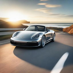 A sleek Porsche sports car driving on a scenic ocean highway