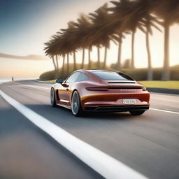 A sleek Porsche sports car driving on a scenic ocean highway