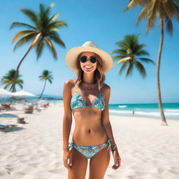 A person wearing a stylish bikini on a sunny beach, with clear blue skies, palm trees, and gentle waves in the background