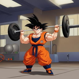 Goku from Dragon Ball Z lifting heavy weights in a gym, showcasing his strength and determination.