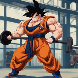 Goku from Dragon Ball Z lifting heavy weights in a gym, showcasing his strength and determination.