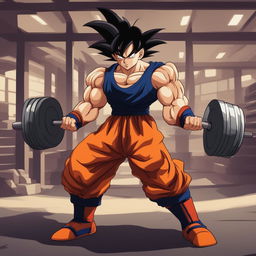 Goku from Dragon Ball Z lifting heavy weights in a gym, showcasing his strength and determination.