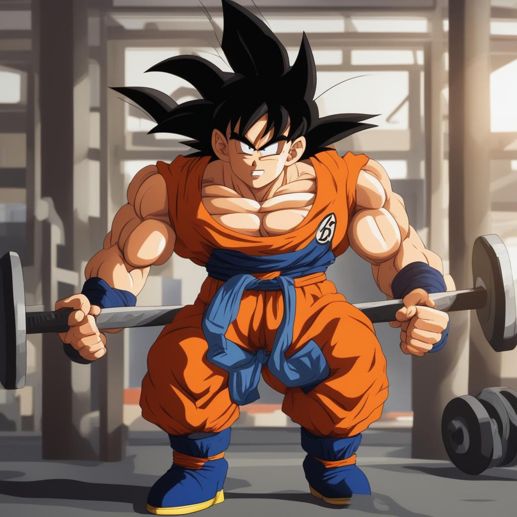 Goku from Dragon Ball Z lifting heavy weights in a gym, showcasing his strength and determination.