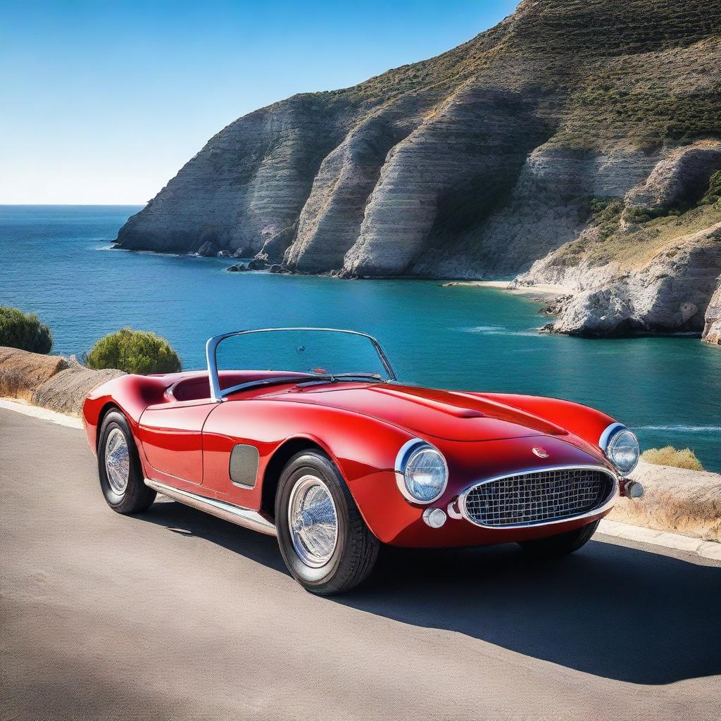 A sleek 1960's Italian sports car parked on a scenic coastal road