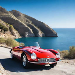 A sleek 1960's Italian sports car parked on a scenic coastal road