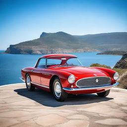 A sleek 1960's Italian sports car parked on a scenic coastal road