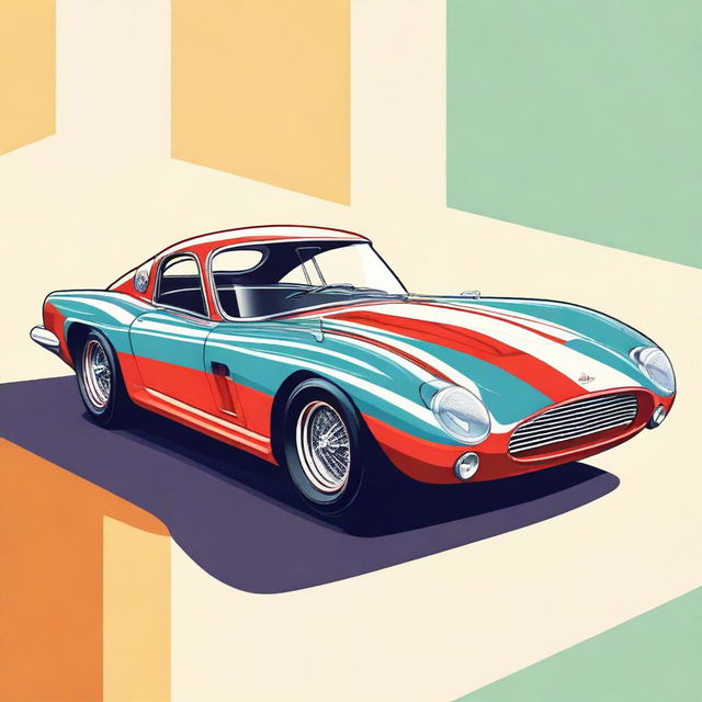 A detailed illustration of a 1960's road legal race car, showcasing its sleek aerodynamic design, vintage aesthetics, and vibrant colors