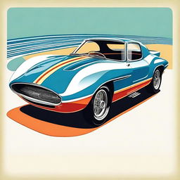 A detailed illustration of a 1960's road legal race car, showcasing its sleek aerodynamic design, vintage aesthetics, and vibrant colors