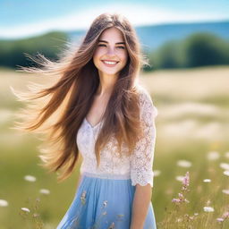 Create an image of a beautiful girl with long flowing hair, a radiant smile, and sparkling eyes