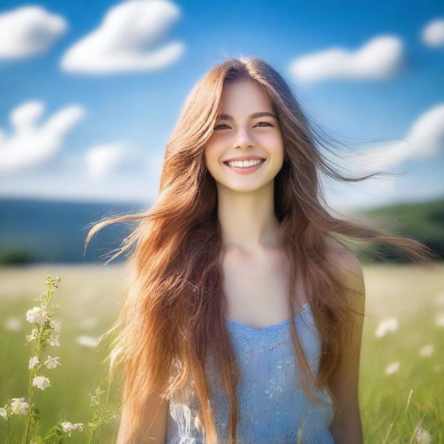 Create an image of a beautiful girl with long flowing hair, a radiant smile, and sparkling eyes