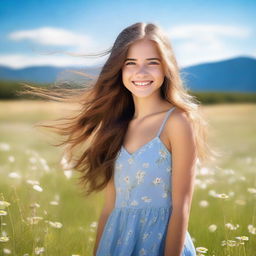 Create an image of a beautiful girl with long flowing hair, a radiant smile, and sparkling eyes