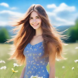 Create an image of a beautiful girl with long flowing hair, a radiant smile, and sparkling eyes