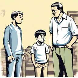 A young boy being scolded by his parents