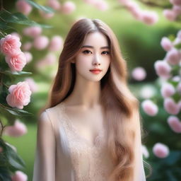 A beautiful girl with long, flowing hair looking serene and elegant