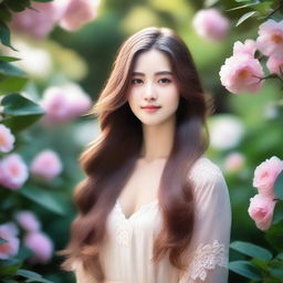 A beautiful girl with long, flowing hair looking serene and elegant