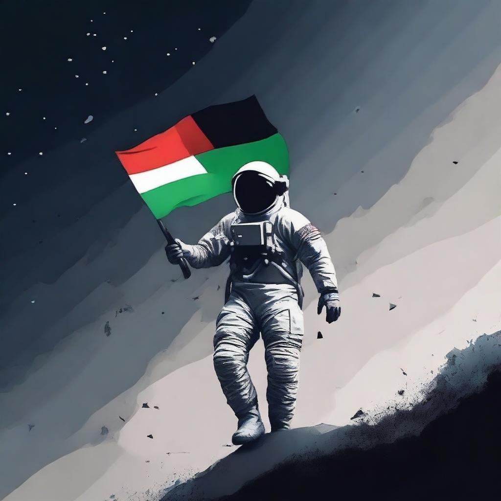 Create an image of an astronaut with the Palestinian flag on top of it