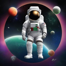 Create an image of an astronaut holding the Palestinian flag, floating in space with the beautiful planets of the Solar System surrounding him