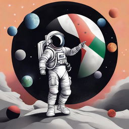 Create an image of an astronaut holding the Palestinian flag, floating in space with the beautiful planets of the Solar System surrounding him