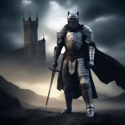 A powerful knight standing in a dramatic pose, embodying both darkness and light