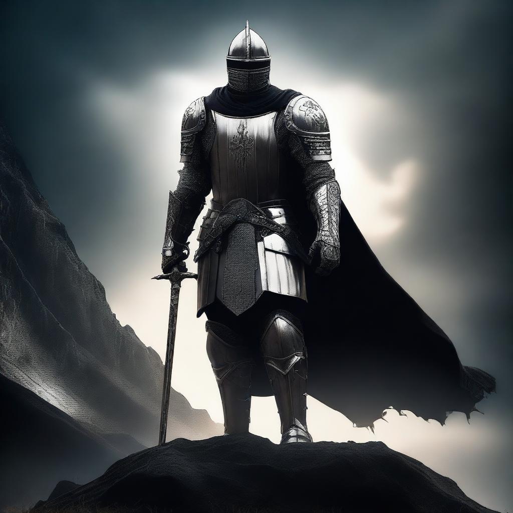 A powerful knight standing in a dramatic pose, embodying both darkness and light