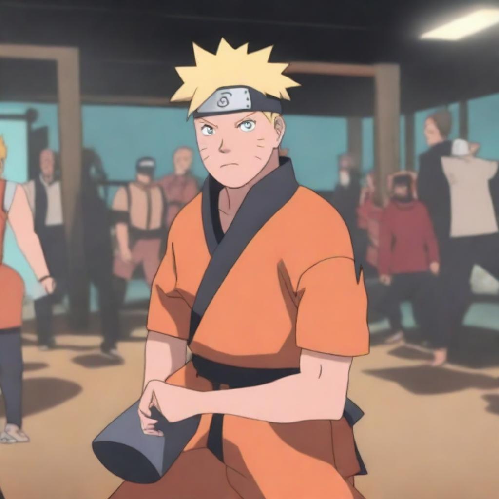 Naruto Uzumaki lifting weights in a gym