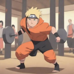 Naruto Uzumaki lifting weights in a gym