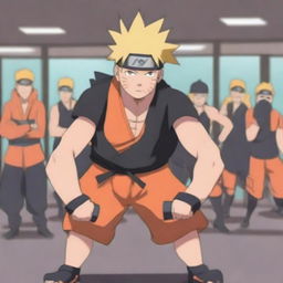 Naruto Uzumaki lifting weights in a gym