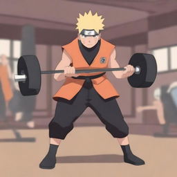 Naruto Uzumaki lifting weights in a gym