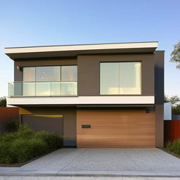 Modern house front elevation with clean lines, large glass windows and minimalist aesthetics