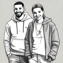 A detailed and realistic drawing of Drake and Millie Bobby Brown standing together