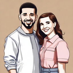 A detailed and realistic drawing of Drake and Millie Bobby Brown standing together