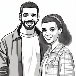 A detailed and realistic drawing of Drake and Millie Bobby Brown standing together