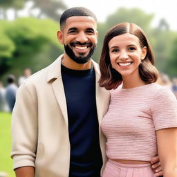 A photo-realistic image of Drake and Millie Bobby Brown standing together