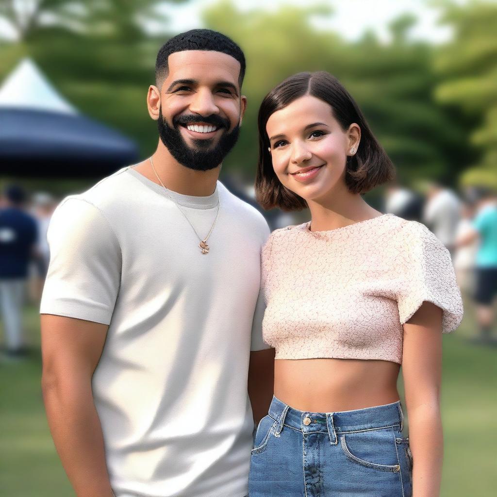 A photo-realistic image of Drake and Millie Bobby Brown standing together